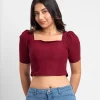 Maroon Square Neck Puff Sleeve Crop Top