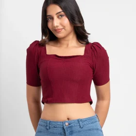 Maroon Square Neck Puff Sleeve Crop Top